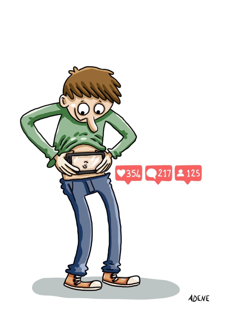 Dessin de presse adolescent se regardant le nombril avec son smartphone