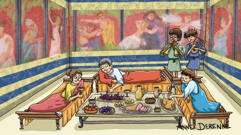 Illustration jeunesse banquet romain Rome antique livre scolaire
